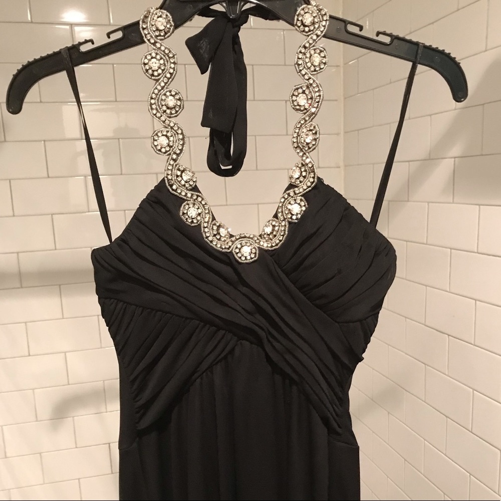 Long black prom dress with crystal detail halter